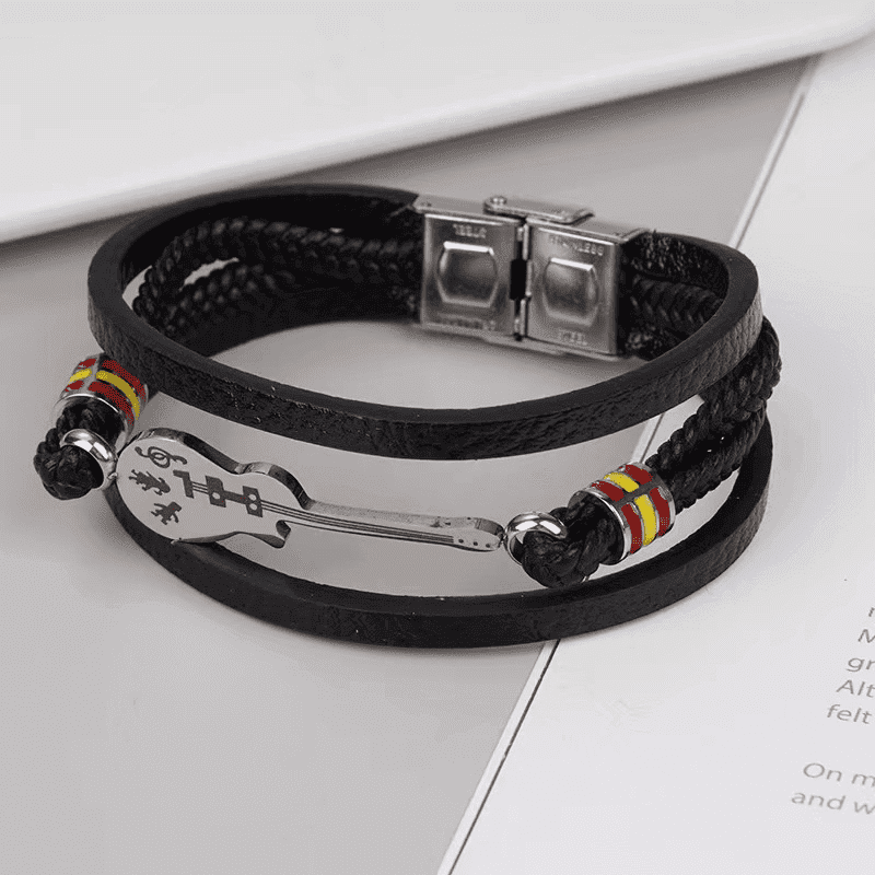 THE MEN THING Leather Bracelet GUITAR CHARM BLACK - Three Strand Genuine Leather Bracelet with Stainless Steel Magnetic Buckle for Men & Boy (8 inch)