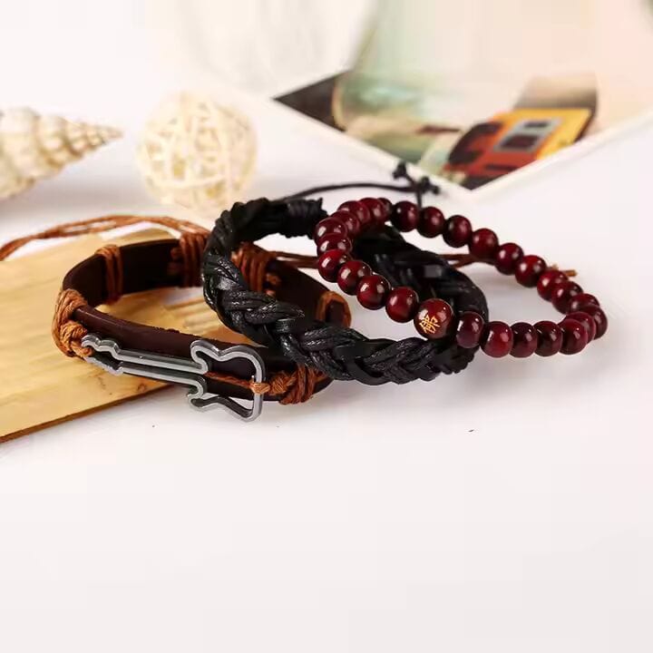 THE MEN THING Leather Bracelet GUITARBOUND - 3 Pcs Genuine Braided Leather Bracelet Set for Men & Boys (8 inch)
