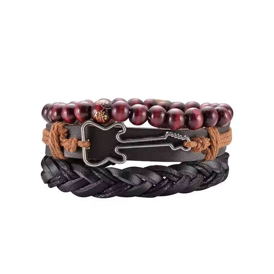 THE MEN THING Leather Bracelet GUITARBOUND - 3 Pcs Genuine Braided Leather Bracelet Set for Men & Boys (8 inch)