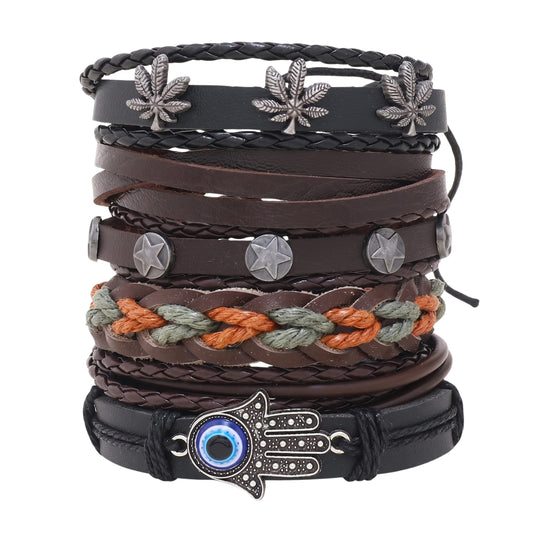 THE MEN THING Leather Bracelet HAMSA CORE - 6 Pcs Genuine Leather Adjustable Bracelet for Men & Boys