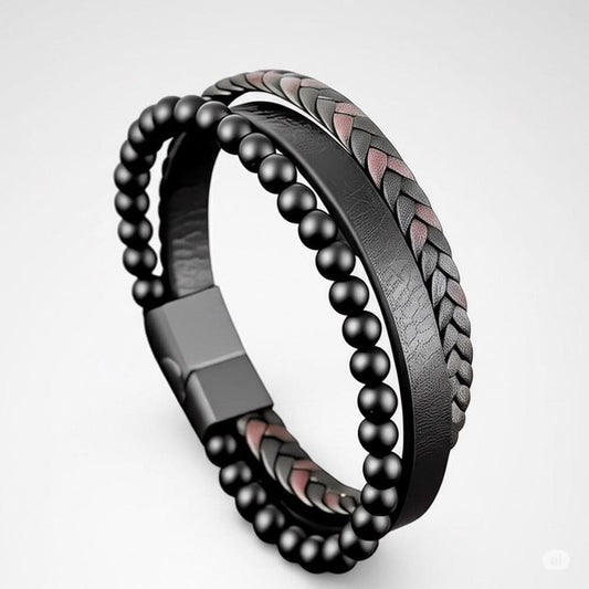 THE MEN THING Leather Bracelet HEALING HEART BLACK & BROWN - American Style Genuine Leather Bracelet with Healing Natural Stones and Stainless Steel Magnetic Buckle for Men & Boy (8 inch)