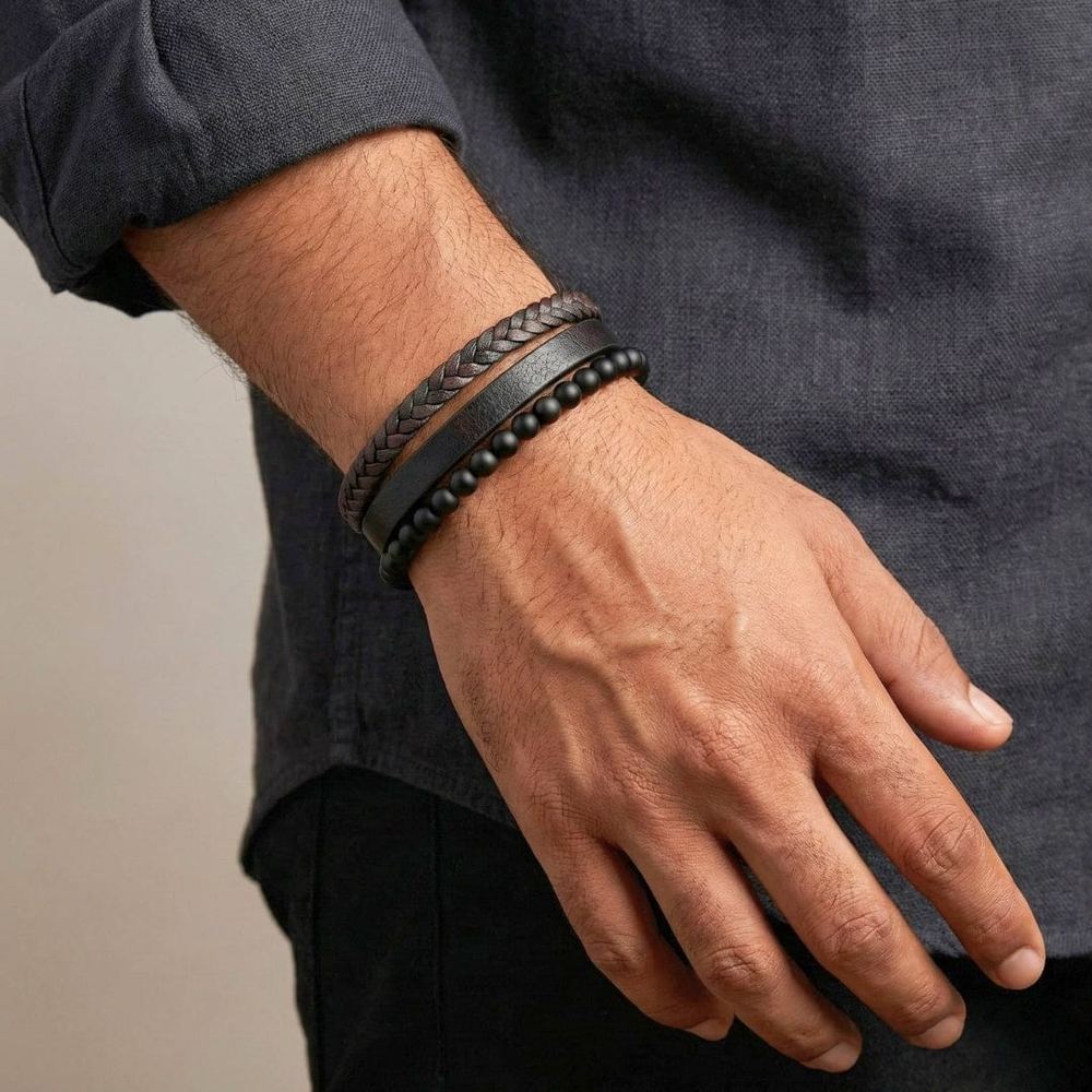 THE MEN THING Leather Bracelet HEALING HEART BLACK & BROWN - American Style Genuine Leather Bracelet with Healing Natural Stones and Stainless Steel Magnetic Buckle for Men & Boy (8 inch)