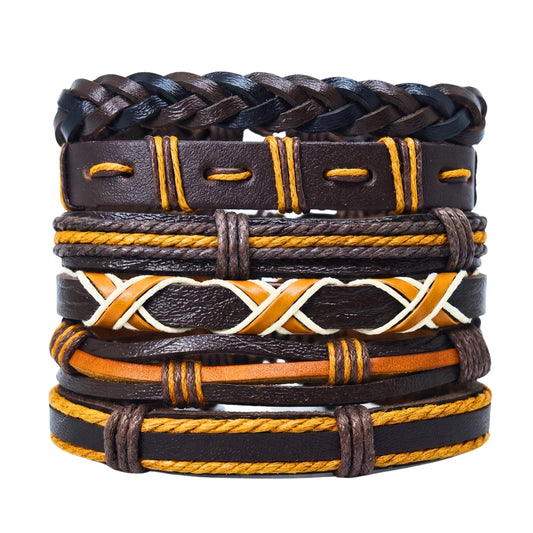 THE MEN THING Leather Bracelet HERITAGE WEAVE - 6 Pcs Genuine Leather Adjustable Bracelet for Men & Boys