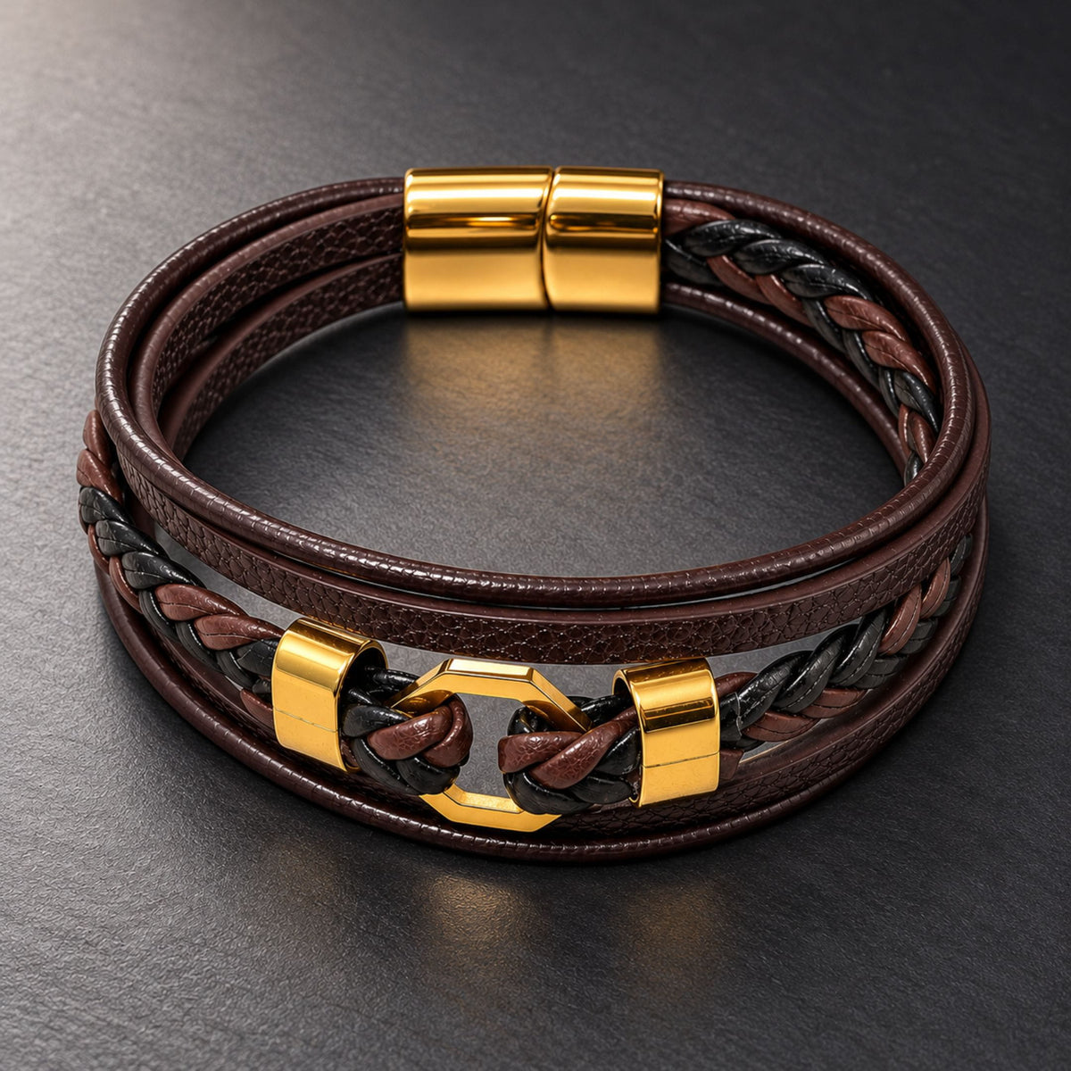 THE MEN THING Leather Bracelet HEX KNOT - Genuine Leather Multi-Layer Bracelet with Stainless Steel Magnetic Buckle for Men & Boys (8 inch)