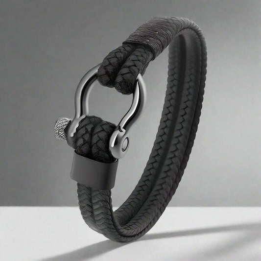 THE MEN THING Leather Bracelet HORSESHOE BUCKLE BLACK - Genuine Leather Braided Bracelet with Stainless Steel Clasp Pin for Men & Boys (8 inch)