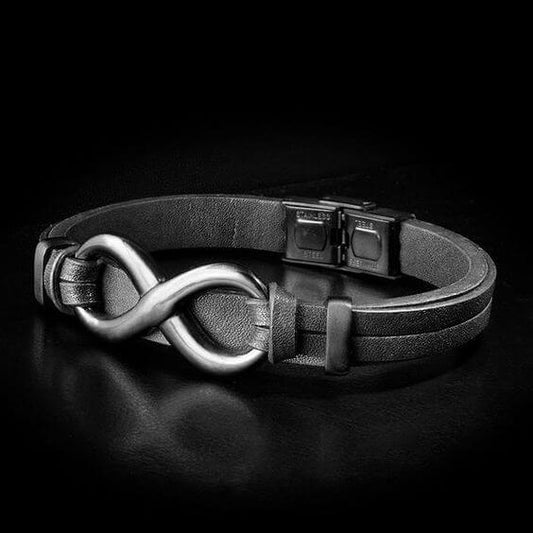 THE MEN THING Leather Bracelet INFINITY 8 BLACK - Genuine Leather Double Layer Bracelet with Stainless Steel Hook for Men & Boys (8 inch)