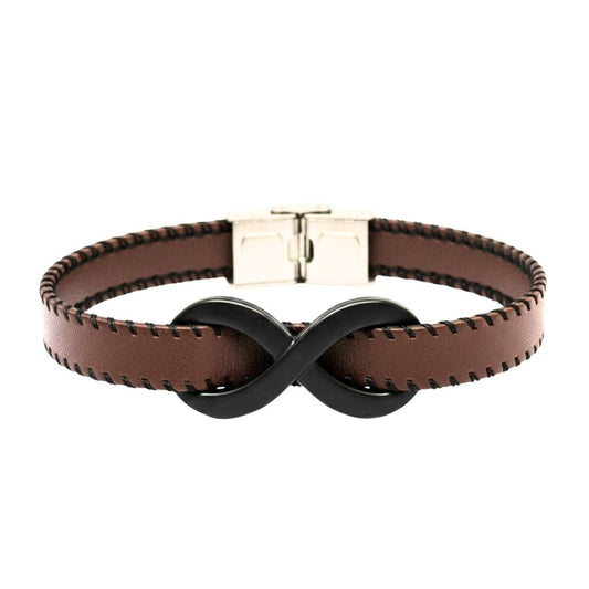 THE MEN THING Leather Bracelet INFINITY NOIR - Dark Brown 10mm Genuine Leather Bracelet with Stainless Steel Fold-Over Push Clasp for Men & Boys (8 inch)