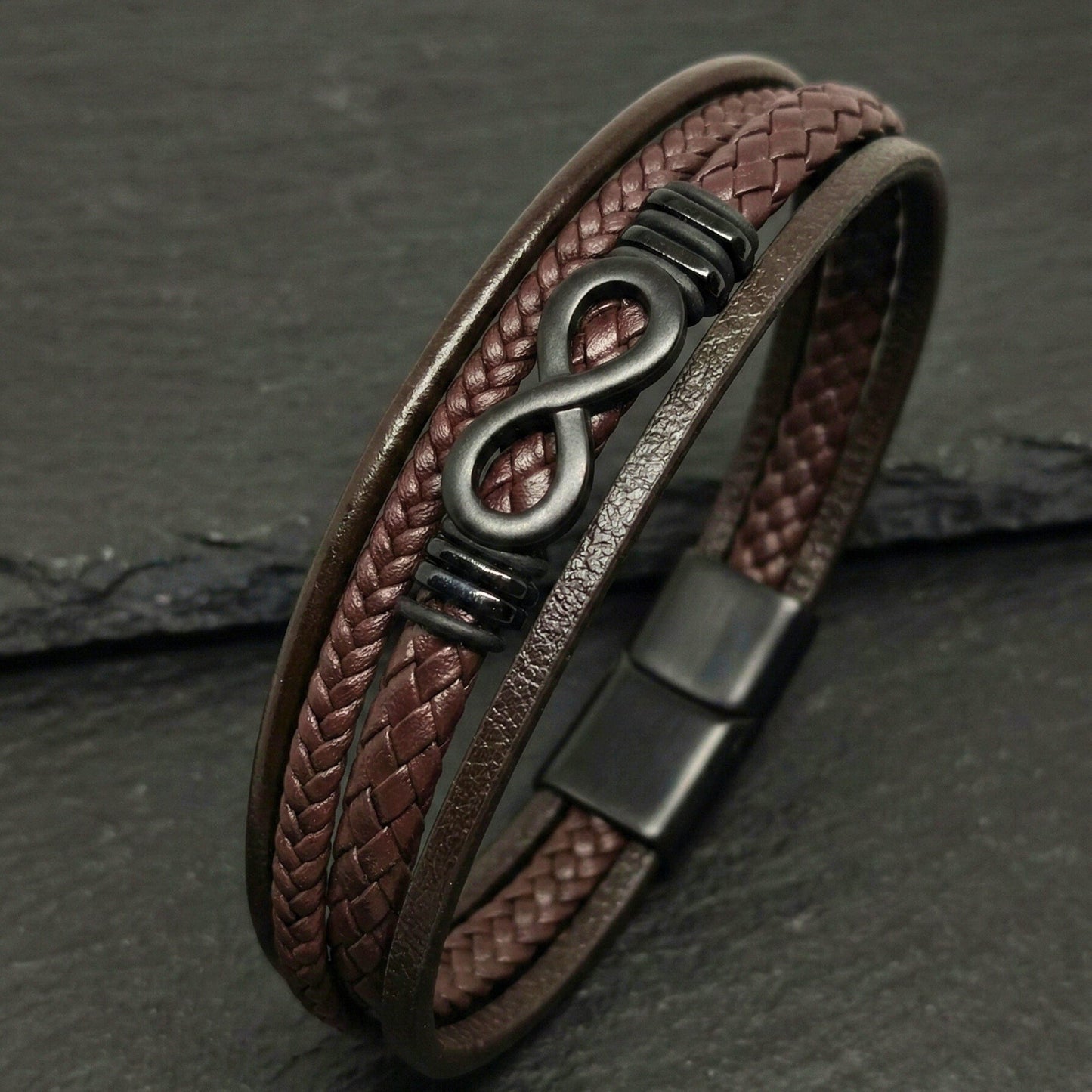 THE MEN THING Leather Bracelet INFINITY WRAP - BRWON - 27mm Genuine Leather Multi-Layer Braided Bracelet with Stainless Steel Magnetic Buckle for Men & Boys (8 inch)