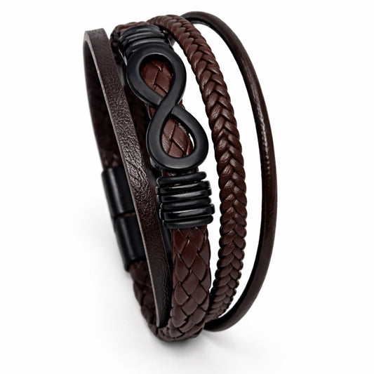 THE MEN THING Leather Bracelet INFINITY WRAP - BRWON - 27mm Genuine Leather Multi-Layer Braided Bracelet with Stainless Steel Magnetic Buckle for Men & Boys (8 inch)
