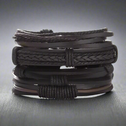 THE MEN THING Leather Bracelet JET BRAIDED - 4 Pcs Genuine Braided Leather Bracelet Set for Men & Boys (8 inch)