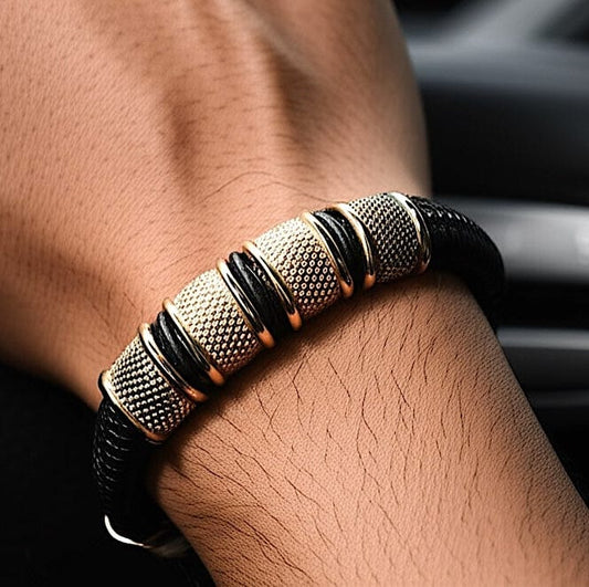 THE MEN THING Leather Bracelet KAIROS RADIANT GOLD - Genuine Leather Braided Bracelet with Stainless Steel Magnetic Buckle for Men & Boys (8 inch)