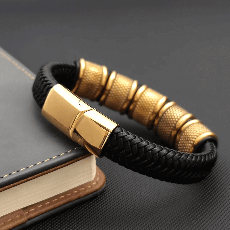 THE MEN THING Leather Bracelet KAIROS RADIANT GOLD - Genuine Leather Braided Bracelet with Stainless Steel Magnetic Buckle for Men & Boys (8 inch)