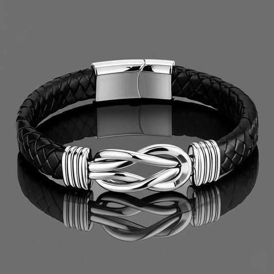 THE MEN THING Leather Bracelet LOVE KNOT BLACK - Genuine Leather Braided Bracelet with Stainless Steel Magnetic Buckle for Men & Boys (8 inch)