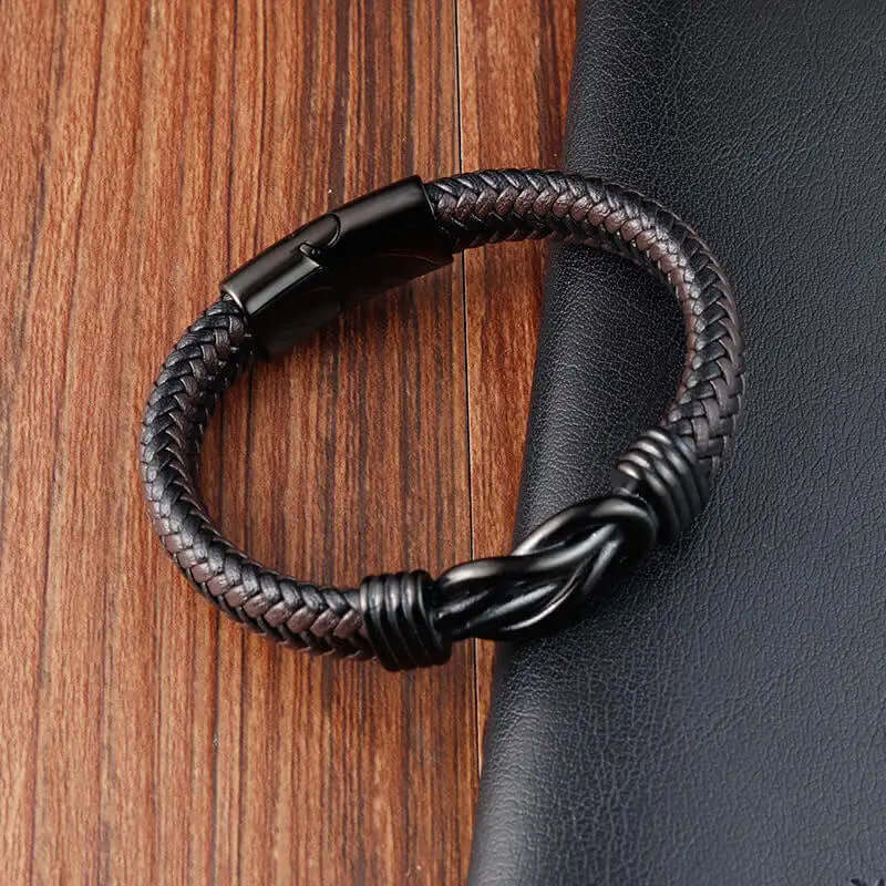 THE MEN THING Leather Bracelet LOVE KNOT BROWN - Genuine Leather Braided Bracelet with Stainless Steel Magnetic Buckle for Men & Boys (8 inch)