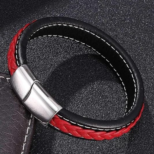 THE MEN THING Leather Bracelet LUNAR MYSTERY RED - Genuine Leather Layer Braided Bracelet with Stainless Steel Magnetic Buckle for Men & Boys (8 inch)