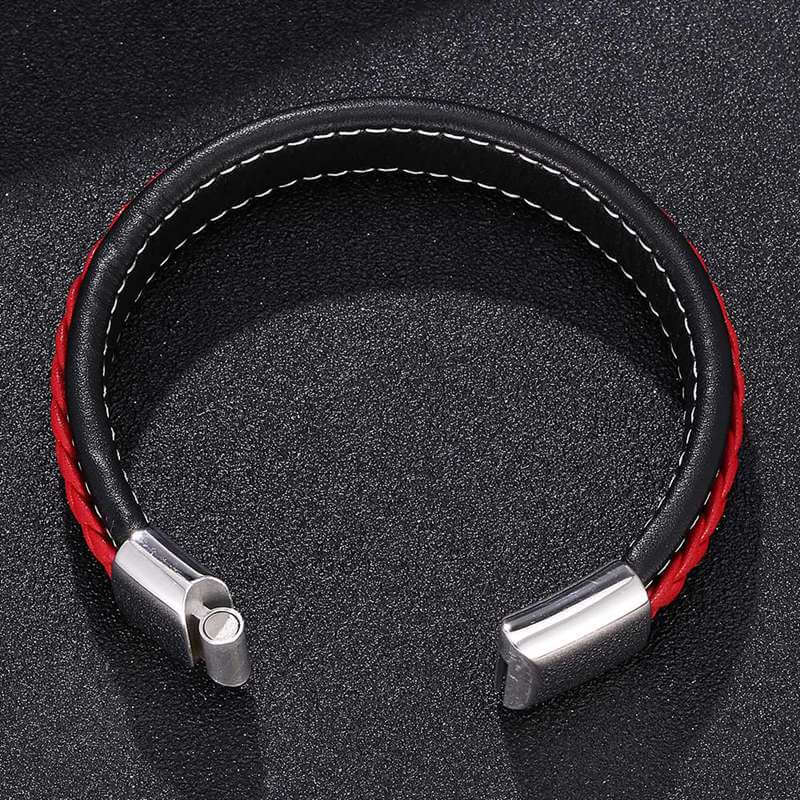 THE MEN THING Leather Bracelet LUNAR MYSTERY RED - Genuine Leather Layer Braided Bracelet with Stainless Steel Magnetic Buckle for Men & Boys (8 inch)