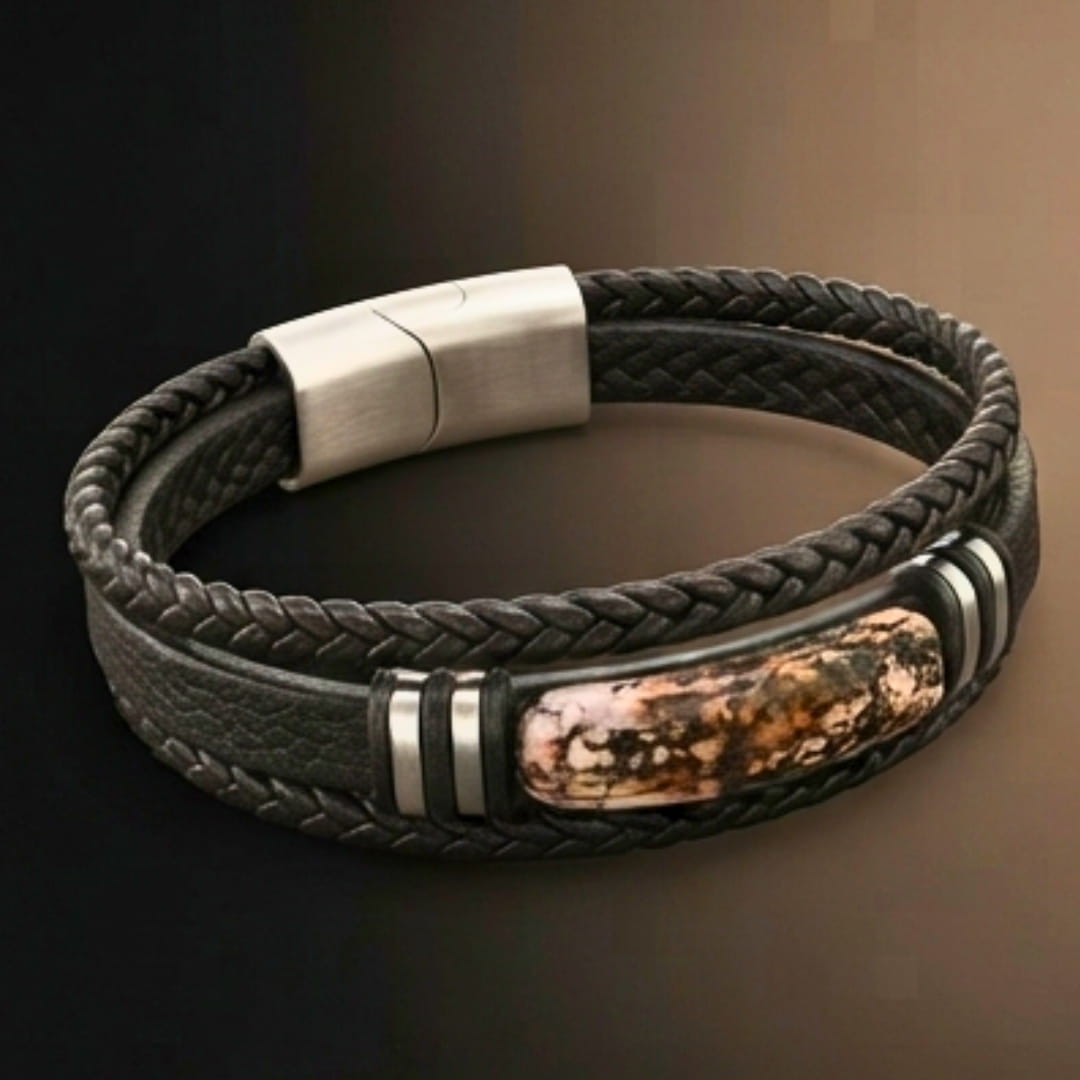 THE MEN THING Leather Bracelet MARBLE CORE BLACK - 25mm Genuine Leather Bracelet with Stainless Steel Magnetic Buckle for Men & Boys (8 inch)