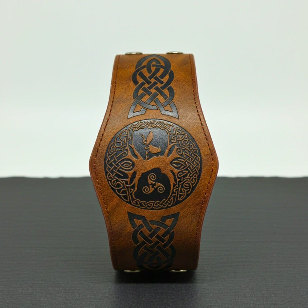 THE MEN THING Leather Bracelet MYSTIC TREE - 50.8mm Brown Genuine Leather Adjustable Bracelet for Men & Boys (7.8-8.4-9 inch)