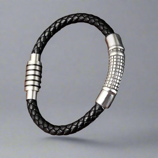 THE MEN THING Leather Bracelet MYSTIQUE BRAID BLACK - American Style Genuine Leather Bracelet with Stainless Steel Charm Magnetic Buckle for Men & Boy (8 inch)