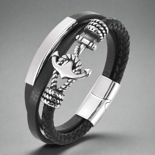 THE MEN THING Leather Bracelet NAUTICAL ANCHOR BLACK - Genuine Leather Multi-Layer Braided Bracelet with Stainless Steel Magnetic Buckle for Men & Boys (8 inch)