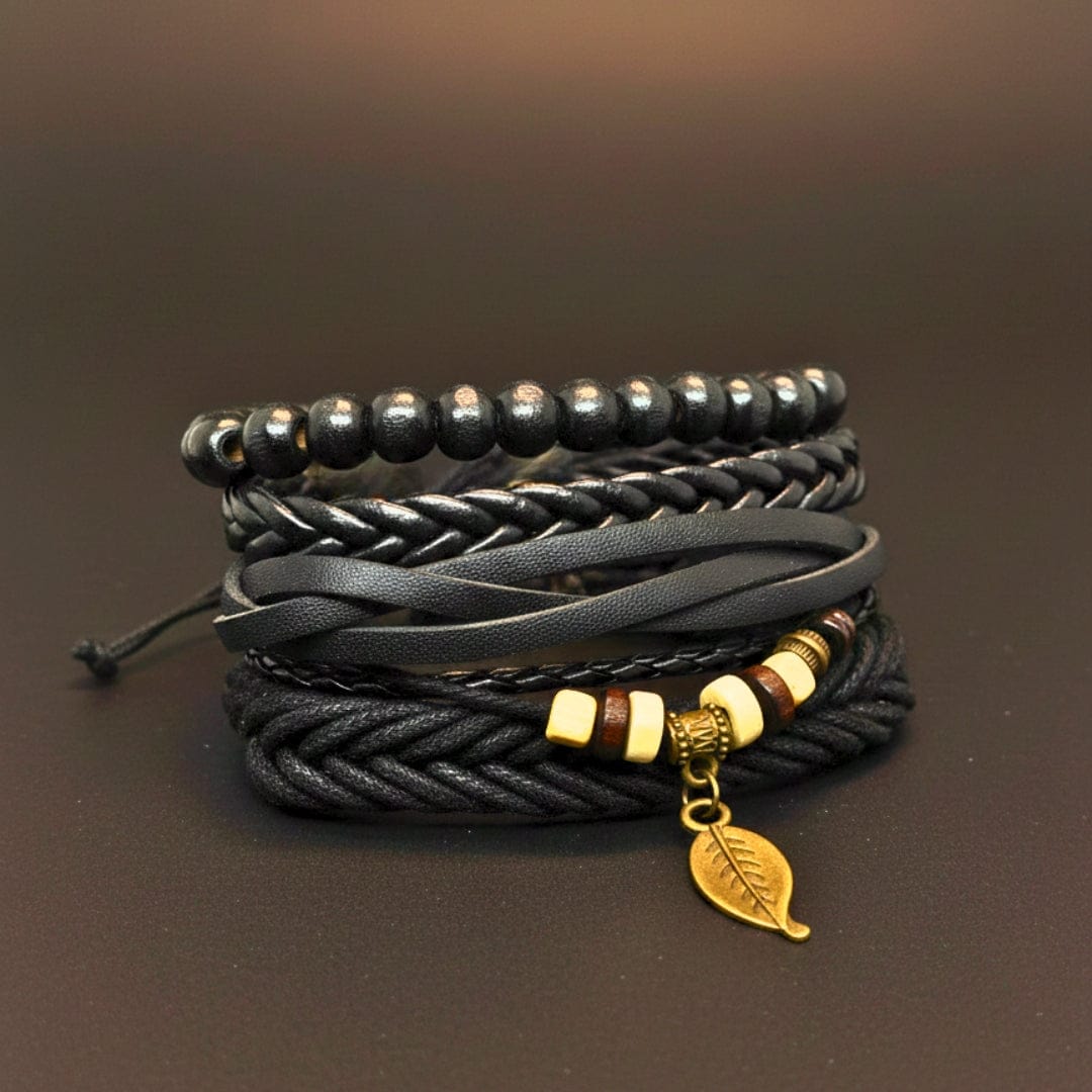 THE MEN THING Leather Bracelet NIGHTWIND LEAF - 4 Pcs Genuine Leather Adjustable Bracelet Set for Men & Boys (8 inch)