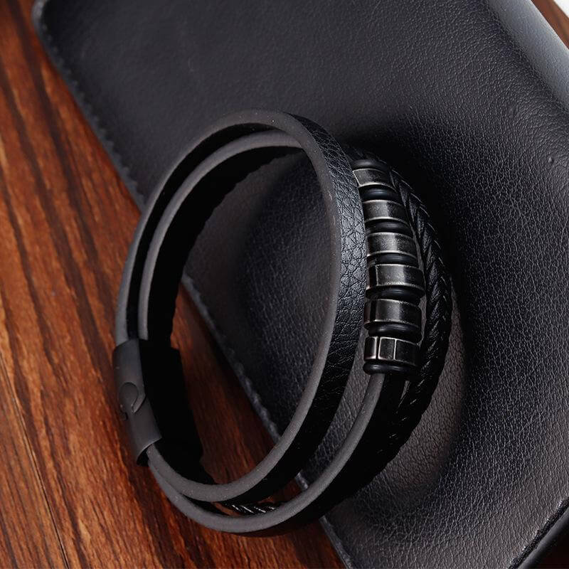THE MEN THING Leather Bracelet NOIR BRAID BLACK - Genuine Leather Multi-Layer Braided Bracelet with Stainless Steel Magnetic Buckle for Men & Boys (8 inch)