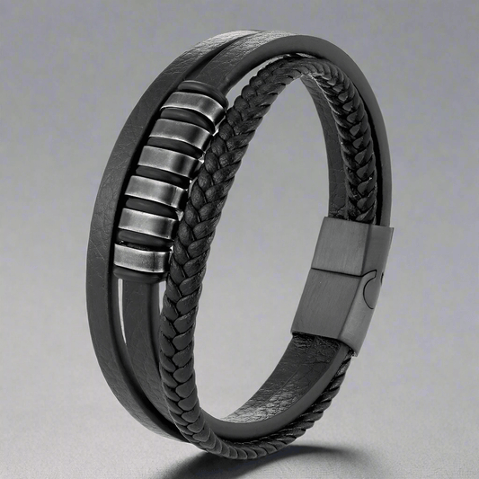 THE MEN THING Leather Bracelet NOIR BRAID BLACK - Genuine Leather Multi-Layer Braided Bracelet with Stainless Steel Magnetic Buckle for Men & Boys (8 inch)