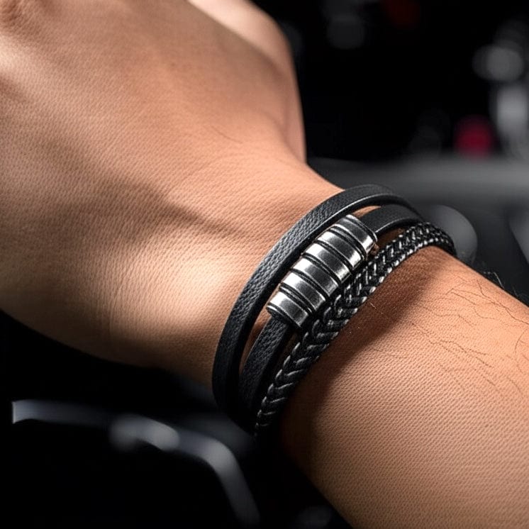 NOIR BRAID BLACK Genuine Leather Multi-Layer Braided Bracelet with Stainless Steel Magnetic Buckle for Men Boys (8 inch)