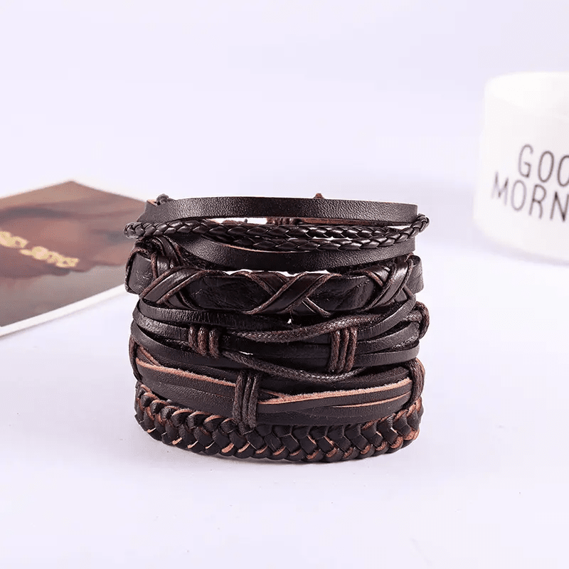 THE MEN THING Leather Bracelet NOMAD KNOTS - 5 Pcs Genuine Braided Leather Bracelet Set for Men & Boys (8 inch)