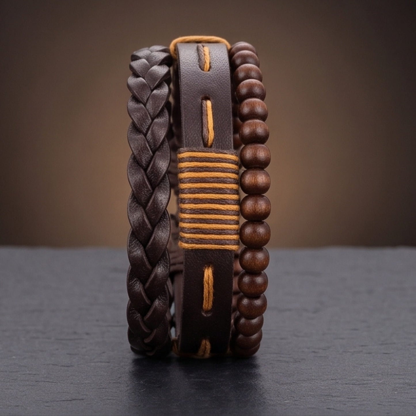 THE MEN THING Leather Bracelet OAK BRAID - 3Pcs Genuine Leather Adjustable Bracelets Set for Men & Boys
