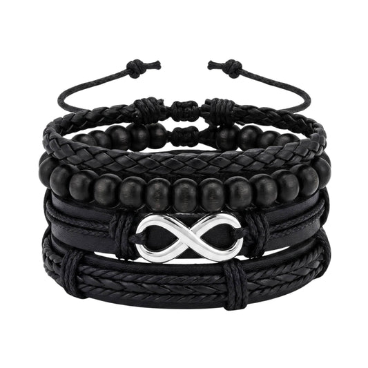 THE MEN THING Leather Bracelet OBSIDIAN INFINITY - 4 Pcs Genuine Braided Leather Adjustable Bracelets for Men & Boys