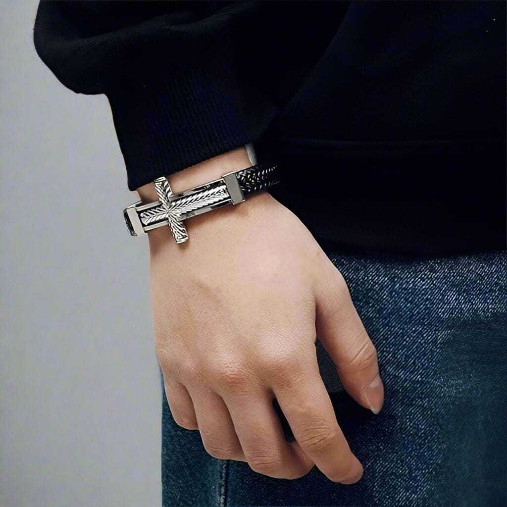 THE MEN THING Leather Bracelet PALADIN CROSS BLACK - Genuine Leather Braided Bracelet with Stainless Steel Magnetic Buckle for Men & Boys (8 inch)