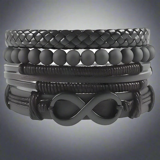 THE MEN THING Leather Bracelet QUADRA-FUSION INFINITY BLACK - Leather Bracelet for Men - 4Pcs Black Genuine Braided Leather Bracelet Set, Tribal Woven Ethnic Wrap Infinity Bracelet for Men & Boys (8inch)