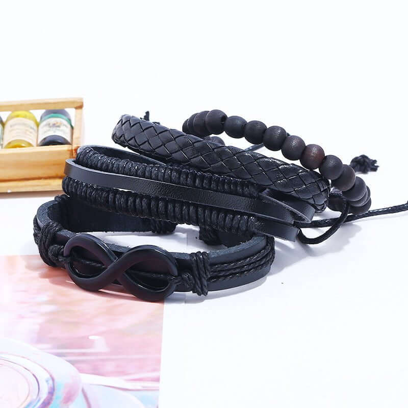 THE MEN THING Leather Bracelet QUADRA-FUSION INFINITY BLACK - Leather Bracelet for Men - 4Pcs Black Genuine Braided Leather Bracelet Set, Tribal Woven Ethnic Wrap Infinity Bracelet for Men & Boys (8inch)