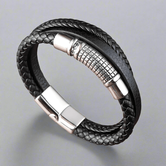 THE MEN THING Leather Bracelet RAVEN NEXA BLACK - Genuine Leather Multi-Layer Braided Bracelet with Stainless Steel Magnetic Buckle for Men & Boys (8 inch)
