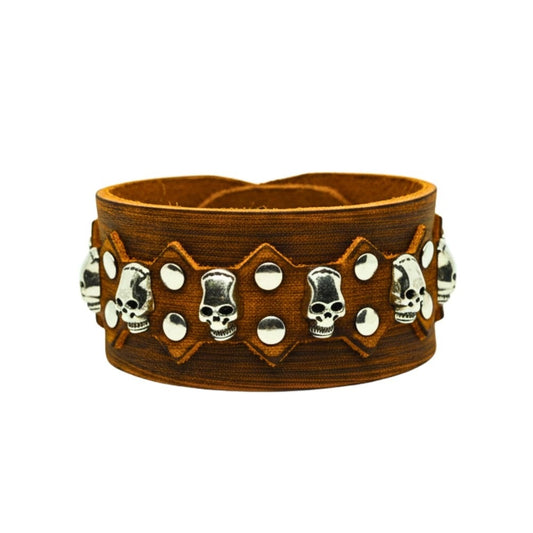 THE MEN THING Leather Bracelet REBEL SKULL - 38mm Brown Genuine Leather Adjustable Bracelet for Men & Boys (7.5-8.2-8.8 inch)