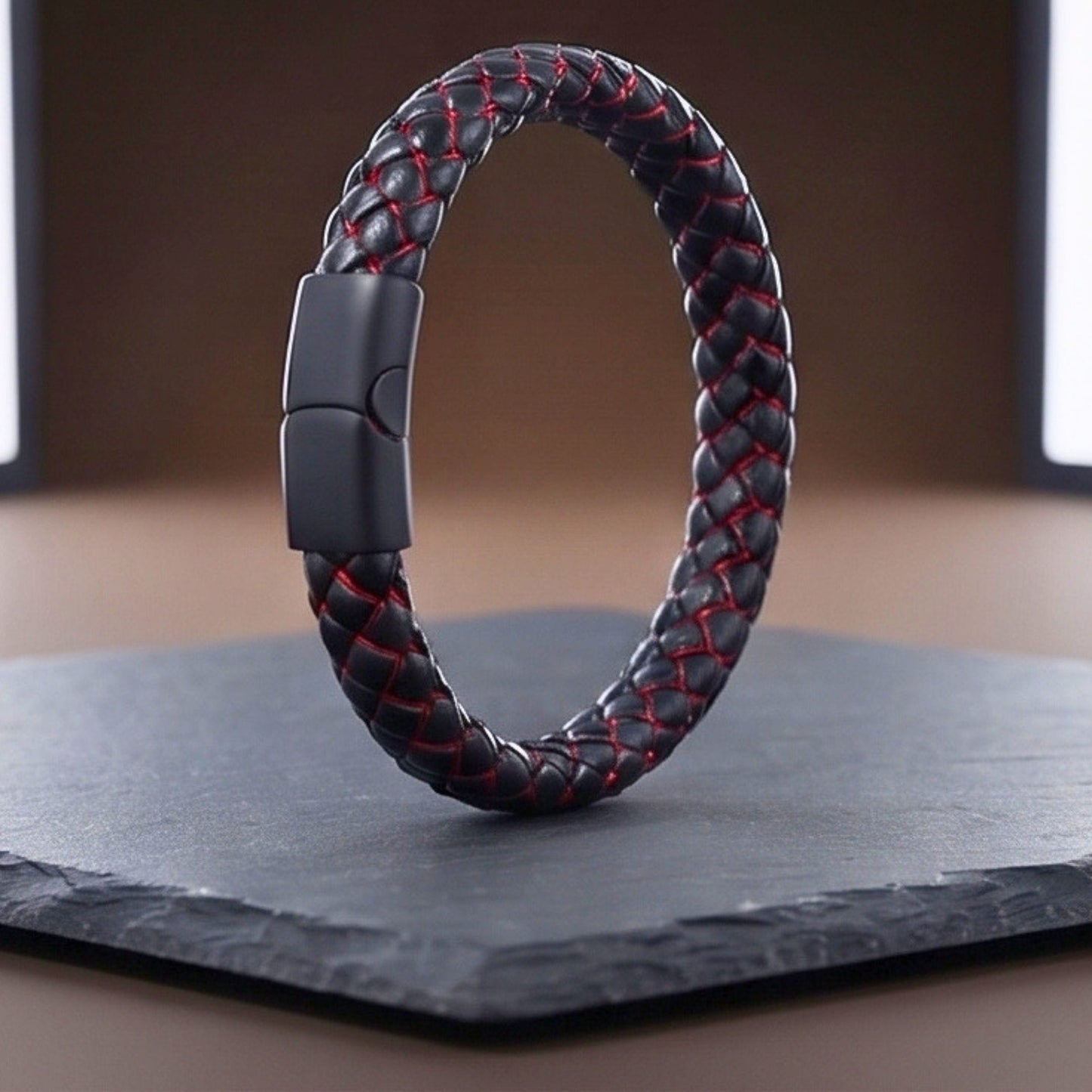 THE MEN THING Leather Bracelet REDLINE BLACK - Genuine Leather Bracelet with Magnetic Buckle for Men & Boy (8 Inch)