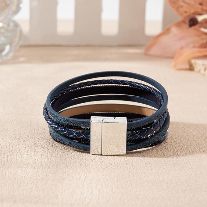 THE MEN THING Leather Bracelet REGALIA - Navy Genuine Braided Leather Bracelet Set for Men & Boys (8 inch)