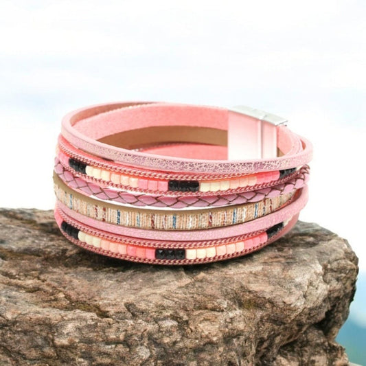 THE MEN THING Leather Bracelet REGALIA - Peach Genuine Braided Leather Bracelet Set for Men & Boys (8 inch)