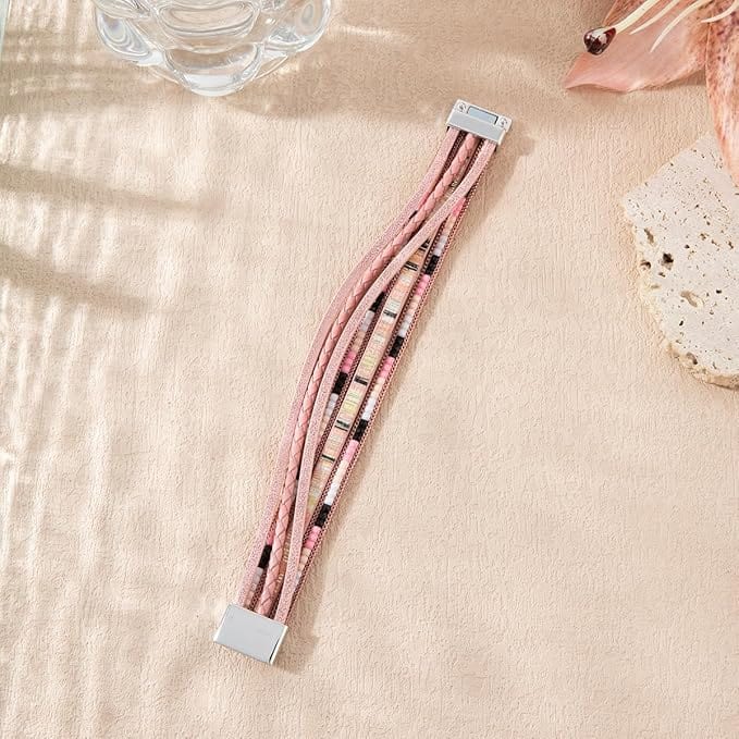 THE MEN THING Leather Bracelet REGALIA - Peach Genuine Braided Leather Bracelet Set for Men & Boys (8 inch)