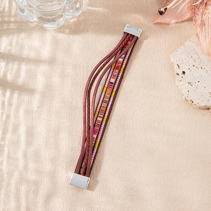 THE MEN THING Leather Bracelet REGALIA - Red Genuine Braided Leather Bracelet Set for Men & Boys (8 inch)