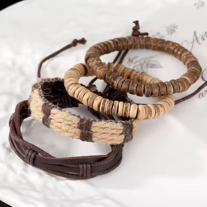 THE MEN THING Leather Bracelet ROAMER’S BAND - 4 Pcs Genuine Braided Leather Bracelet Set for Men & Boys (8 inch)