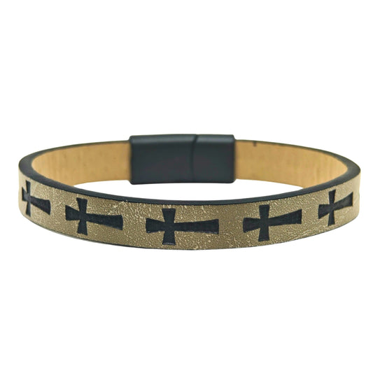 THE MEN THING Leather Bracelet ROGUE DESERT TAUPE CROSS - 10mm Genuine Leather Bracelet with Stainless Steel Magnetic Buckle for Men & Boys (8.5 inch)