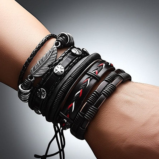 THE MEN THING Leather Bracelet ROYAL SENTINEL - 5 Pcs Genuine Braided Leather Bracelet Set for Men & Boys (8 inch)