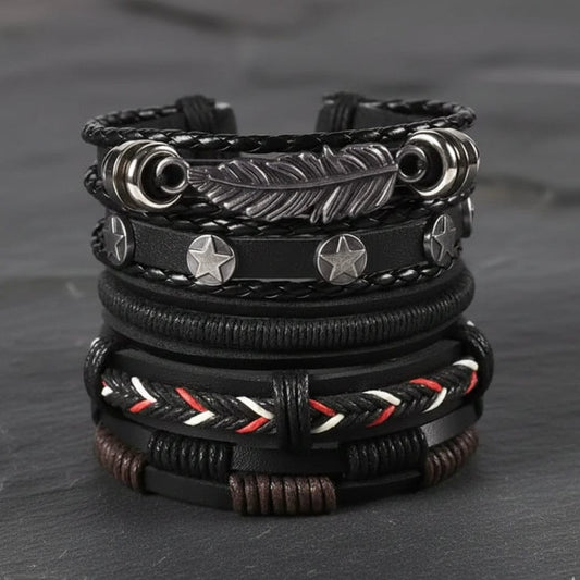THE MEN THING Leather Bracelet ROYAL SENTINEL - 5 Pcs Genuine Braided Leather Bracelet Set for Men & Boys (8 inch)