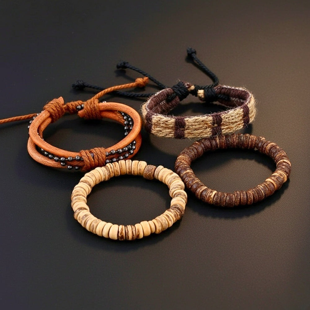 THE MEN THING Leather Bracelet RUSTBORNE - 4 Pcs Brown Genuine Leather Adjustable Bracelet Set for Men & Boys (8 inch)