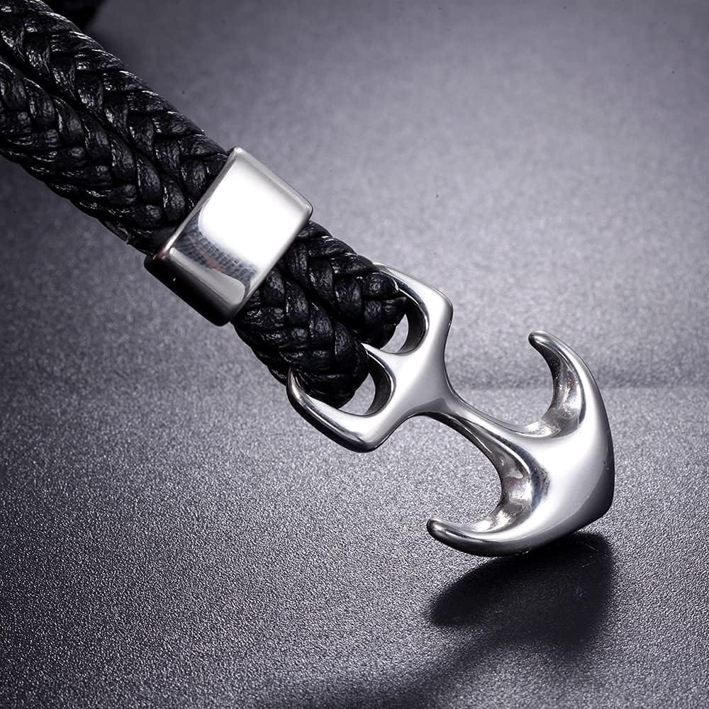 THE MEN THING Leather Bracelet SEAFARER ANCHOR BLACK - Genuine Leather Double Layer Braided Bracelet with Stainless Steel Anchor Hook for Men & Boys (8 inch)