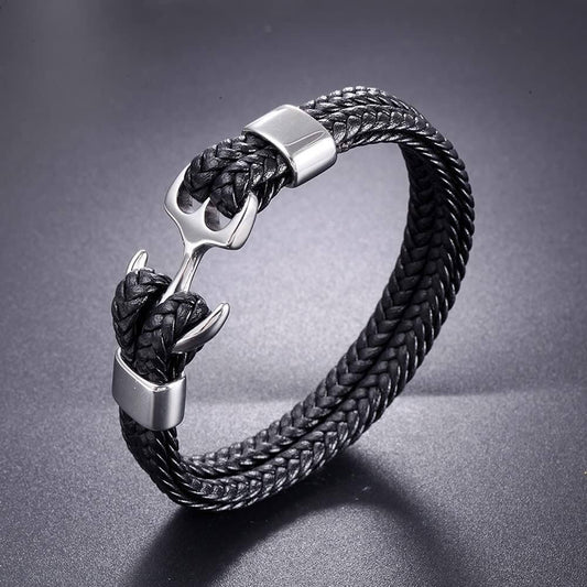 THE MEN THING Leather Bracelet SEAFARER ANCHOR BLACK - Genuine Leather Double Layer Braided Bracelet with Stainless Steel Anchor Hook for Men & Boys (8 inch)