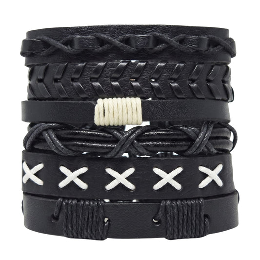THE MEN THING Leather Bracelet SHADOW STACK - 6 Pcs Genuine Leather Adjustable Bracelet for Men & Boys