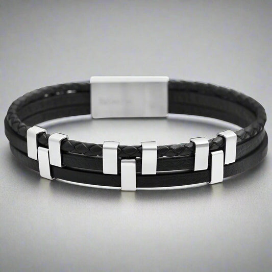 THE MEN THING Leather Bracelet SINEW BLACK - Genuine Leather Multi-Layer Braided Bracelet with Stainless Steel Open Box Clasps for Men & Boys (8 inch)